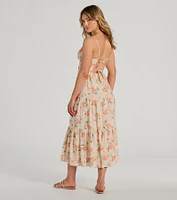 Soiree Hour Lace-Up Ruffled Floral Midi Dress