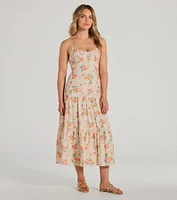 Soiree Hour Lace-Up Ruffled Floral Midi Dress