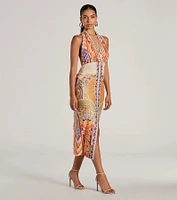 Vibrant Side Geometric Print Bodycon Midi Dress