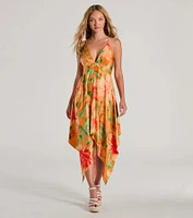 Paradise Bound Tropical Floral Satin Midi Dress