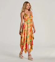 Paradise Bound Tropical Floral Satin Midi Dress