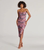 Luminous Allure Strapless Corset Abstract Midi Dress