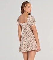 Prettiest Darling Puff Sleeve Floral Skater Dress