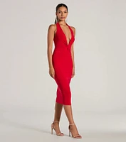 Evening Of Sultry Plunge V-Neck Halter Midi Dress