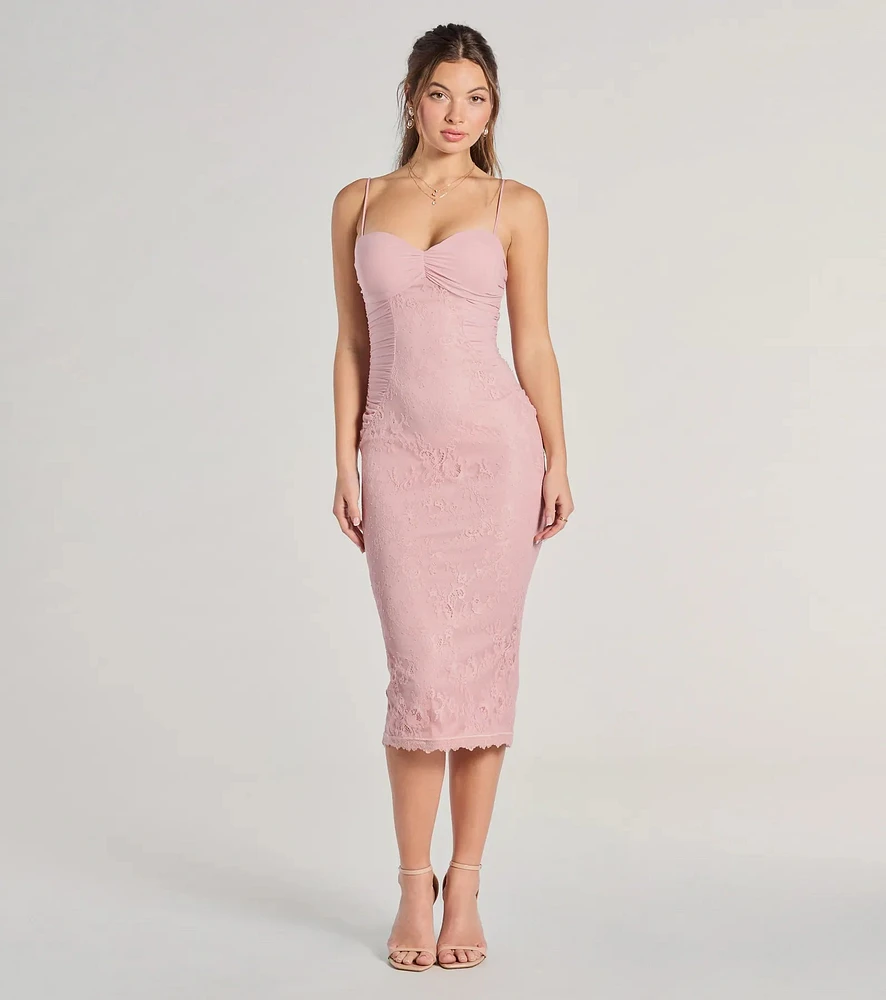 For Romance Lace Mesh Bodycon Midi Dress