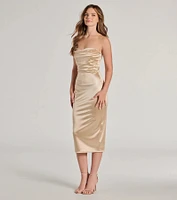 One To Remember Strapless Pleated Satin Midi Dress