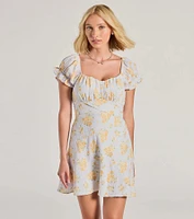 Sure To Adore Puff Sleeve A-Line Short Floral Dress
