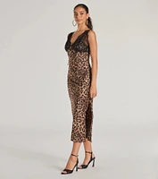 Sleek Leopard Print Lace And Satin Midi Dress