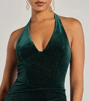 Sparkling Glam Velvet Glitter Halter Midi Dress