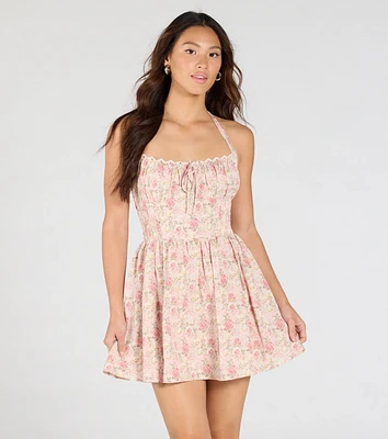 Twirling Beauty Halter Floral Skater Dress