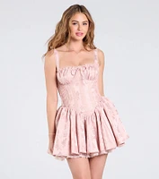 Flirt It Up Floral Jacquard Satin Corset Skater Dress