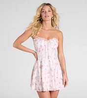 Flirty And Adorable Strapless Lace Bow Floral Skater Dress