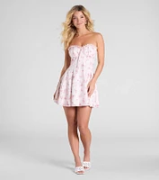 Flirty And Adorable Strapless Lace Bow Floral Skater Dress
