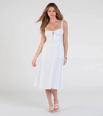 Sunny Staple Square Neck Eyelet Midi Dress With Pockets
