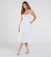 Sunny Staple Square Neck Eyelet Midi Dress With Pockets