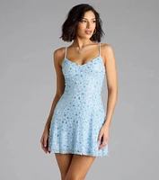 Sparkly Floral Sequin Lace-Up A-Line Mini Dress