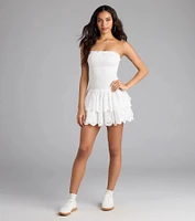 Always Sunny Strapless Ruffle Eyelet Mini Dress