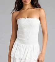 Always Sunny Strapless Ruffle Eyelet Mini Dress