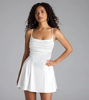 True Perfection Pleated Satin Skater Dress