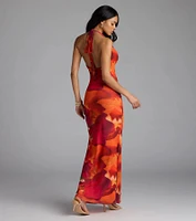 Island Style Tropical Halter Mesh Maxi Dress