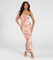 Major Beauty Floral Satin Strapless Maxi Dress