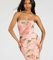 Major Beauty Floral Satin Strapless Maxi Dress