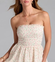 Floral Charm Ruffled Chiffon Tube Skater Dress