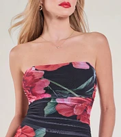Bold Bloom Floral Mesh Strapless Bodycon Mini Dress