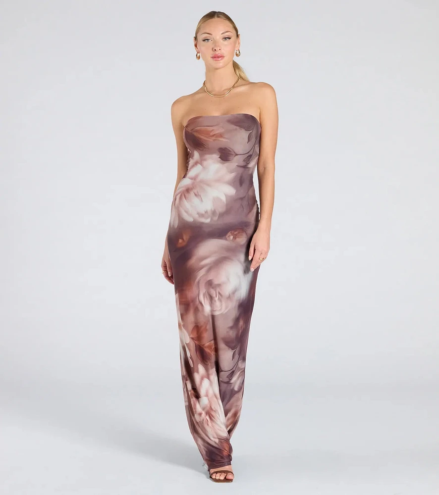 Make Your Debut Strapless Abstract Mesh Maxi Dress