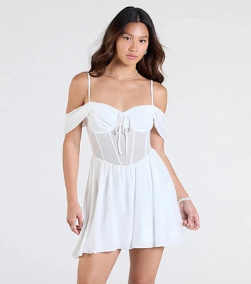 Sheer Fave Chiffon Cold-Shoulder Corset Skater Dress