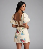 Sent A Postcard Lace-Up Print Mini Dress