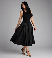 Romantic Sunny Days Crew Neck Poplin Midi Dress