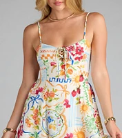 Getaway Bound Lace-Up Print A-Line Dress