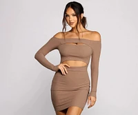 Off The Shoulder Ribbed Knit Cutout Mini Dress