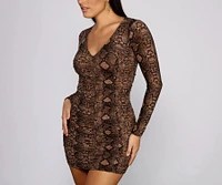 Sultry Ruched Snake Print Mini Dress