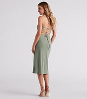 Pretty Deets Crepe Lace-Up Midi Dress
