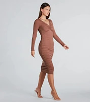 Twisted Up Long Sleeve Rib Knit Midi Dress