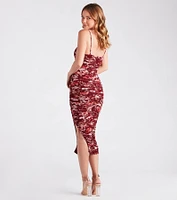 Fresh Floral Ruched Mesh Midi Dress