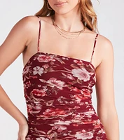 Fresh Floral Ruched Mesh Midi Dress