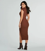Sweet Demeanor Mock Neck Ribbed Knit Midi Dress