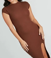 Sweet Demeanor Mock Neck Ribbed Knit Midi Dress
