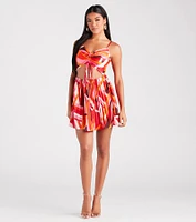 Playful Prints Satin Pleated Skater Dress