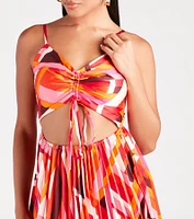 Playful Prints Satin Pleated Skater Dress