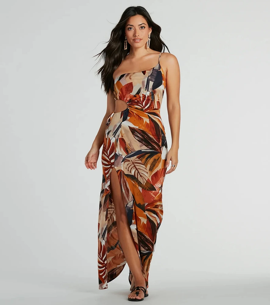 Pretty Paradise One-Shoulder Tropical Maxi Dress