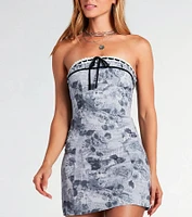 Attention Getter Strapless Newspaper Print Mini Dress