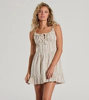 Cute Style Button Ruffled Striped Linen Skater Dress