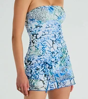 Vibrant Strapless Butterfly Print Mini Dress