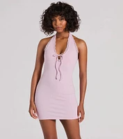 Effortless Babe V-Neck Halter Lace Trim Mini Dress