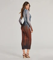Sultry Silhouette Abstract Print Mesh Midi Dress