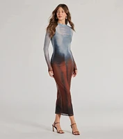 Sultry Silhouette Abstract Print Mesh Midi Dress